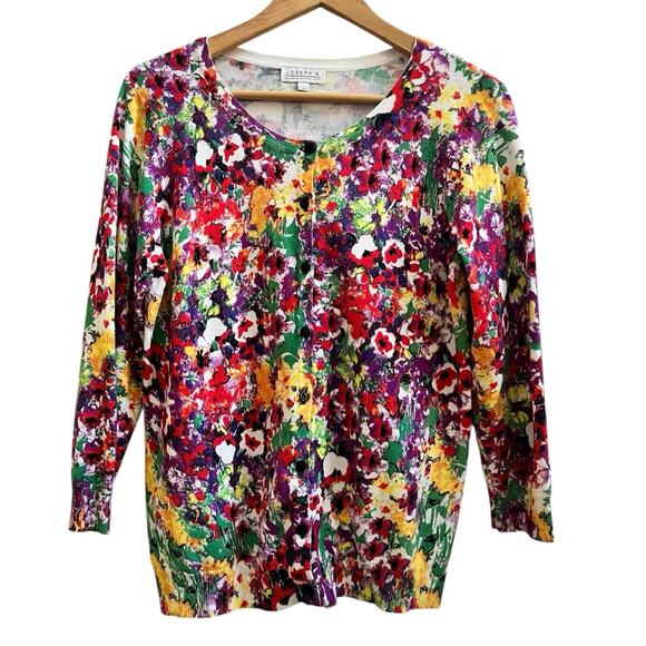 Joseph A Rayon Blend Multicolor Floral Bracelet Sleeve Cardigan Size Large - Picture 2 of 11